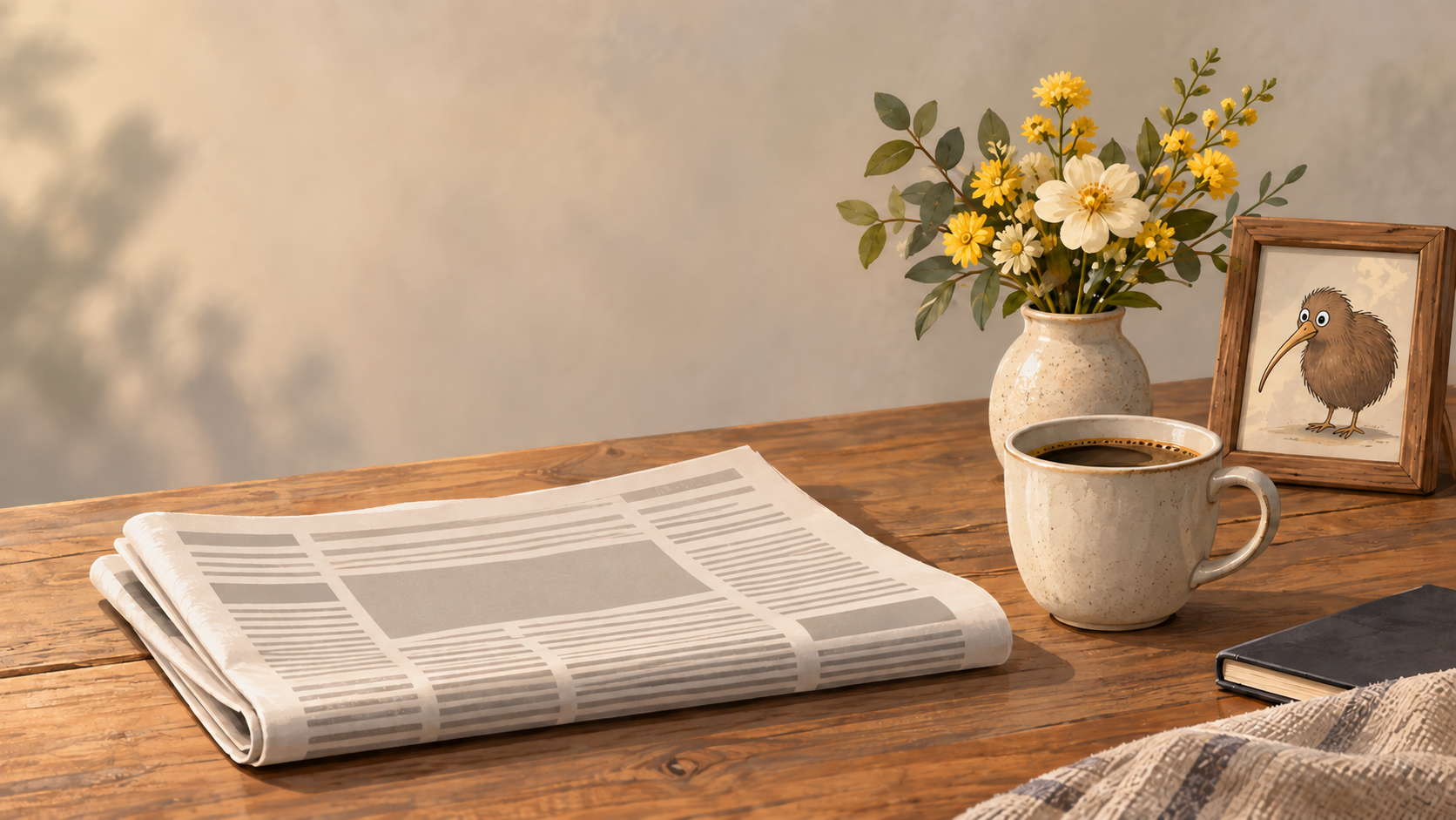 AI illustration of a folded newspaper, coffee cup, flowers and framed cartoon kiwi on a tabletop