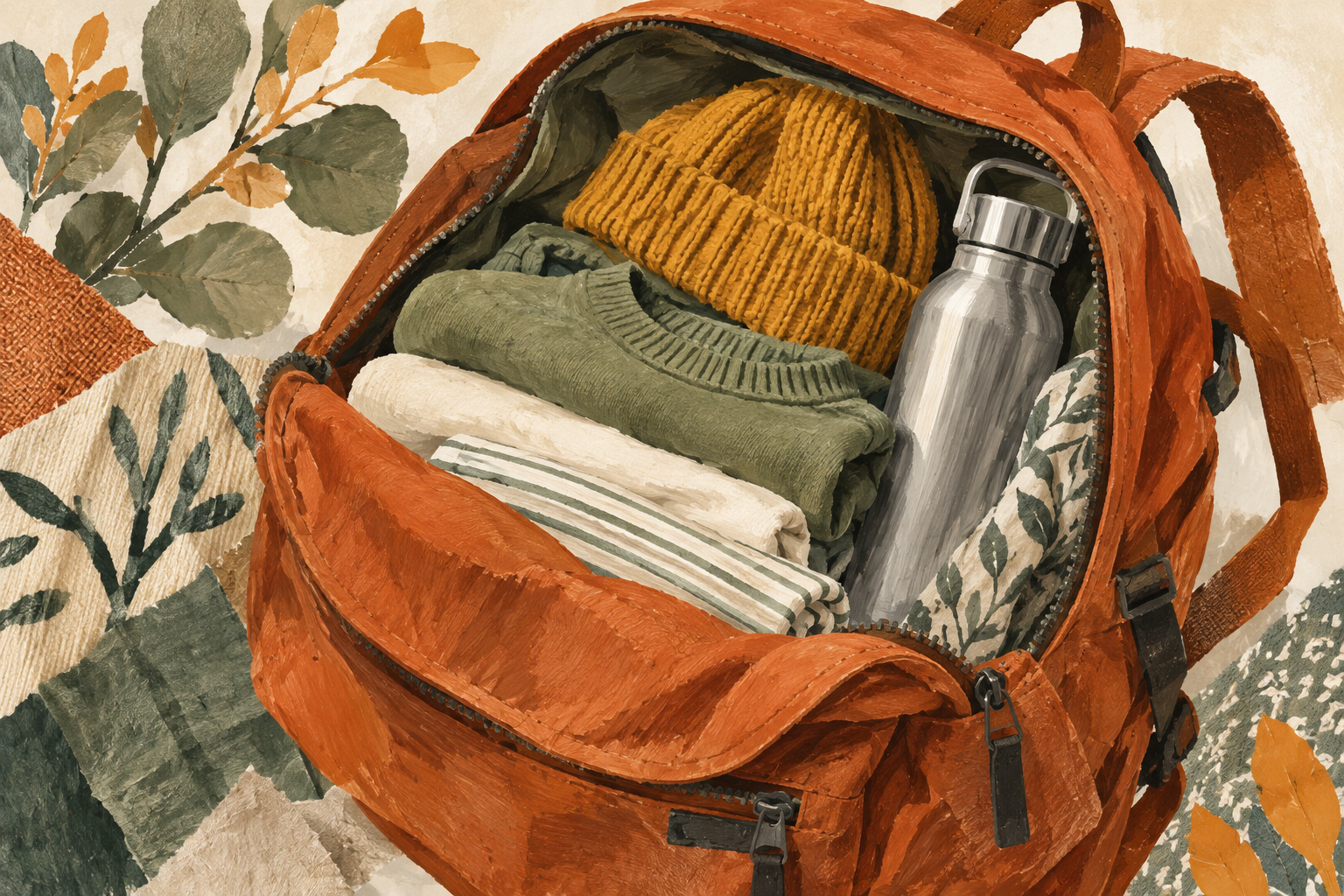 Painterly illustration of an orange bag holding folded clothes, a knitted hat and an unbranded bottle