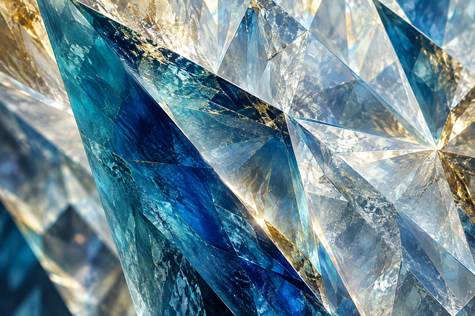 Abstract illustration of overlapping blue, ivory and gold crystalline facets