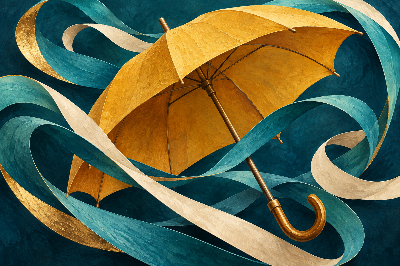 Painterly illustration of a golden umbrella among teal and cream ribbons
