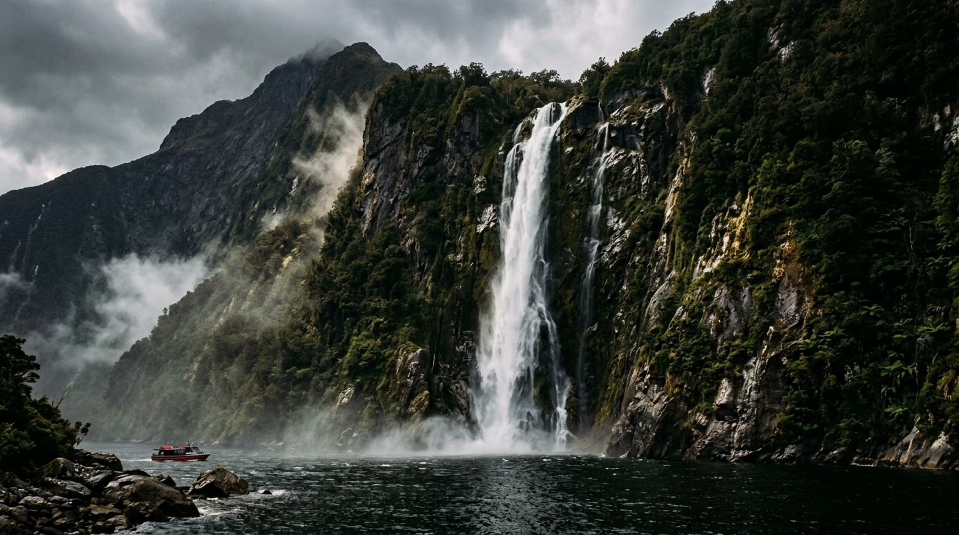 A hiker looking into Milford Sound with waterfalls on the cliffs