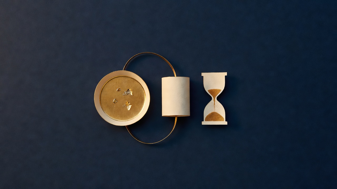 Paper-cut still life of a shallow round pan holding gold flakes and a plain paper cylinder inside a loop of gold ribbon, beside a part-run hourglass, on navy