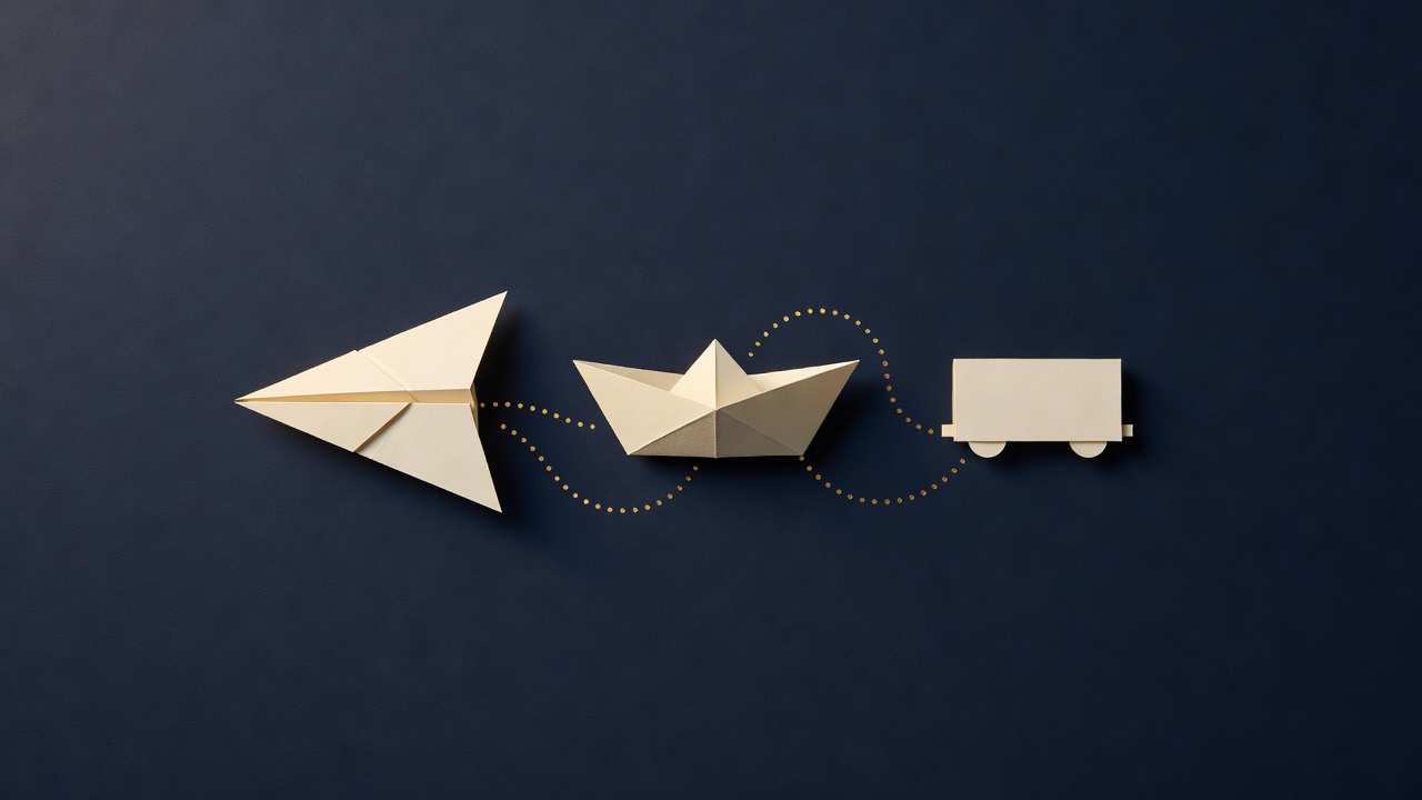 Paper-cut still life of a paper plane, a paper boat and a train carriage linked by a dotted gold path on navy