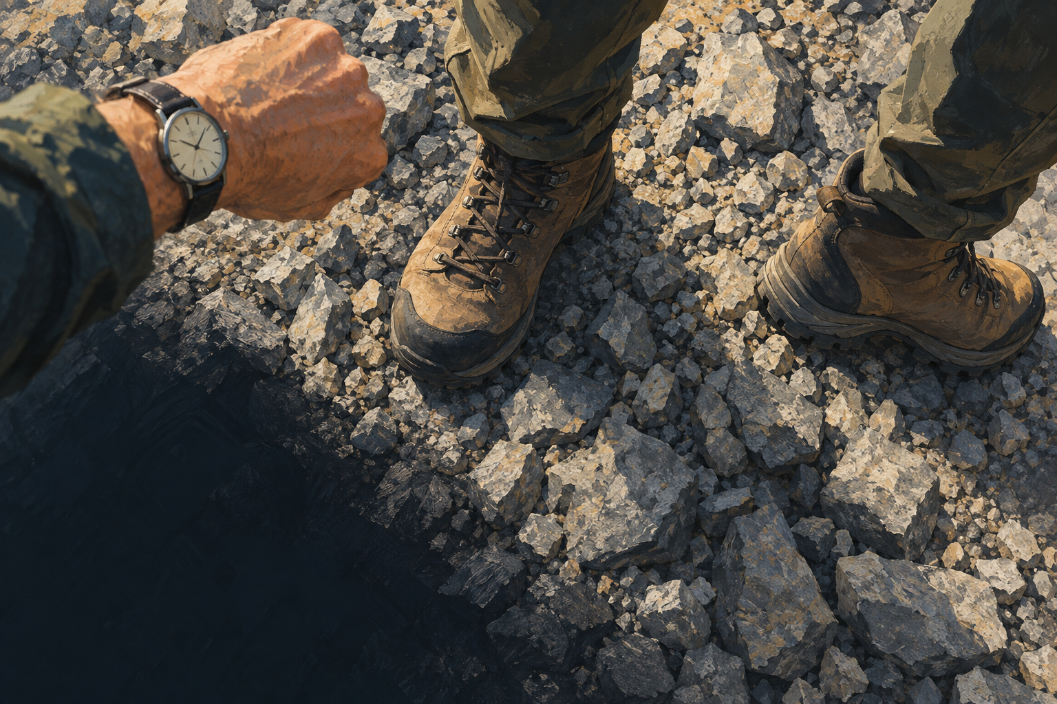 Illustration of two plain hiking boots and a watch on neutral grey gravel