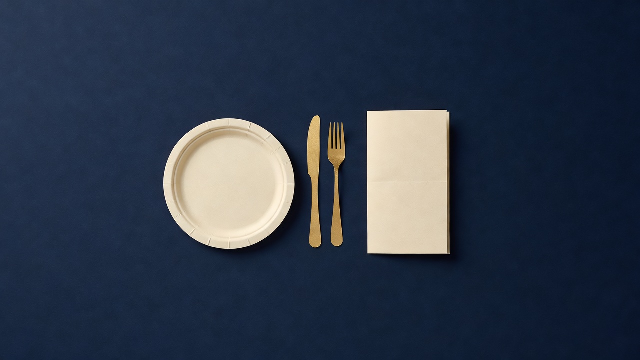 Paper-cut still life of an empty plate, a knife and fork and a folded blank card on navy