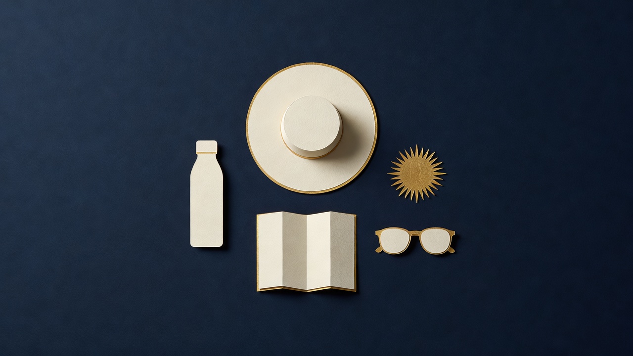 Paper-cut still life of a sun hat, a bottle, a folded blank map, sunglasses and a sun on navy