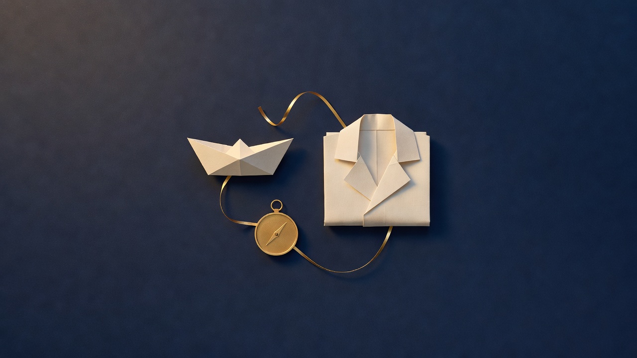 Paper-cut still life of a small paper boat, a folded jacket and a blank compass linked by a winding gold ribbon, on navy