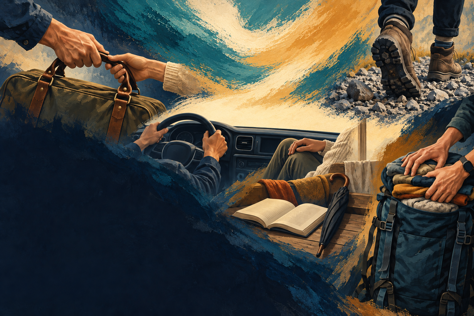 Stylized guide decision collage with a generic vehicle cue, ordinary items and cropped anonymous limbs