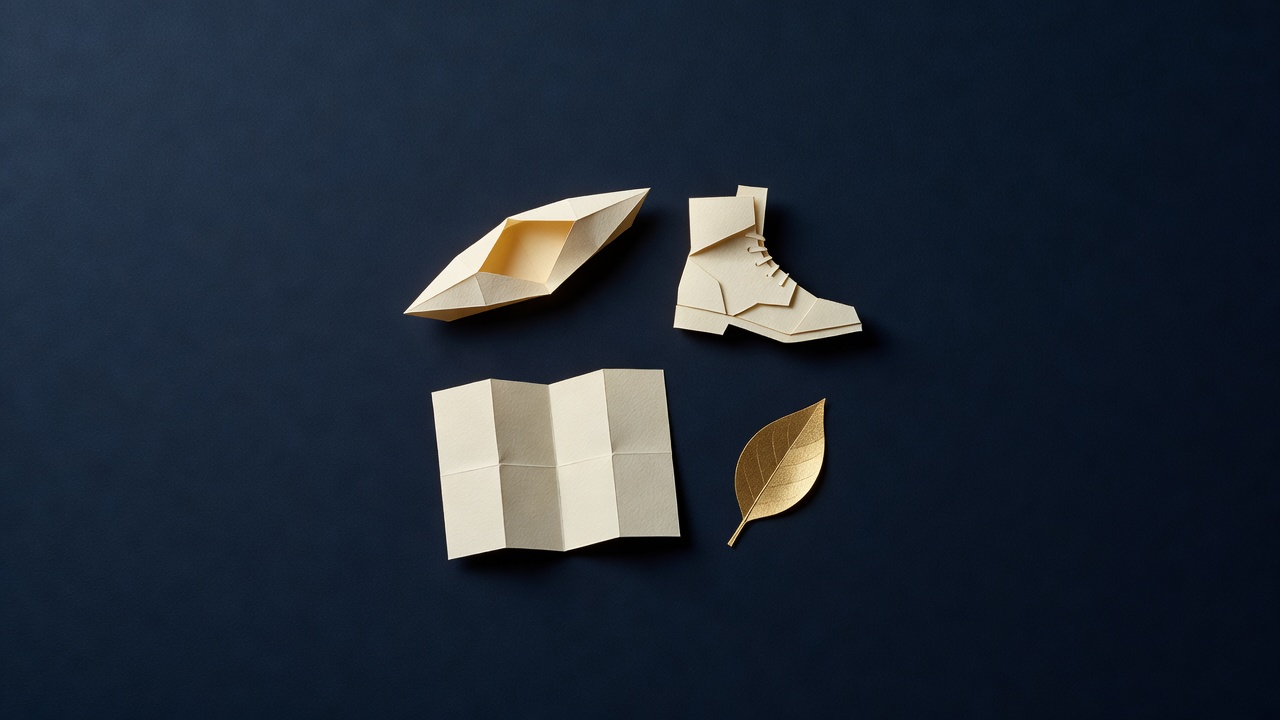 Paper-cut still life of a paper kayak, a walking boot, a folded map and a gold leaf on navy