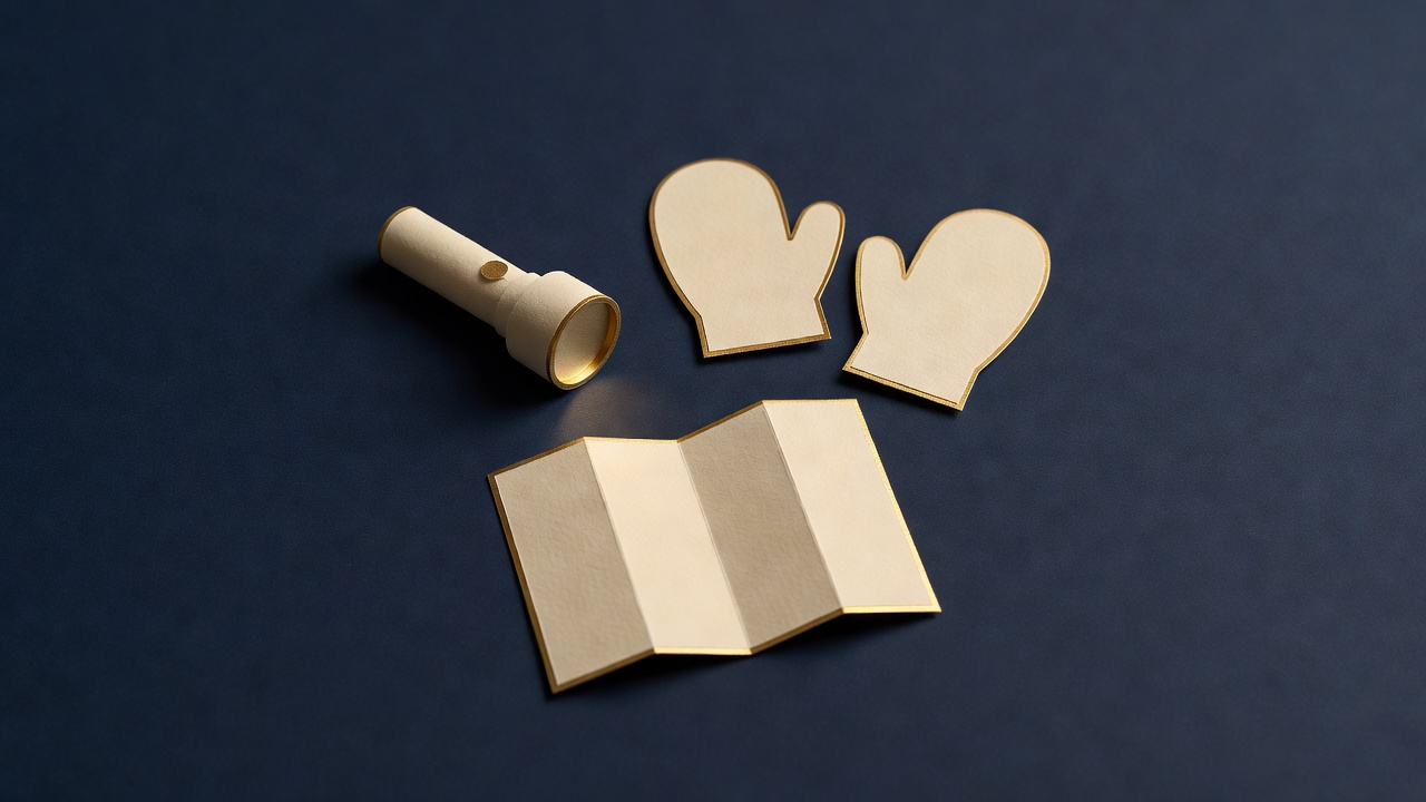 Paper-cut still life of a small flashlight, a pair of mittens and a folded map on navy