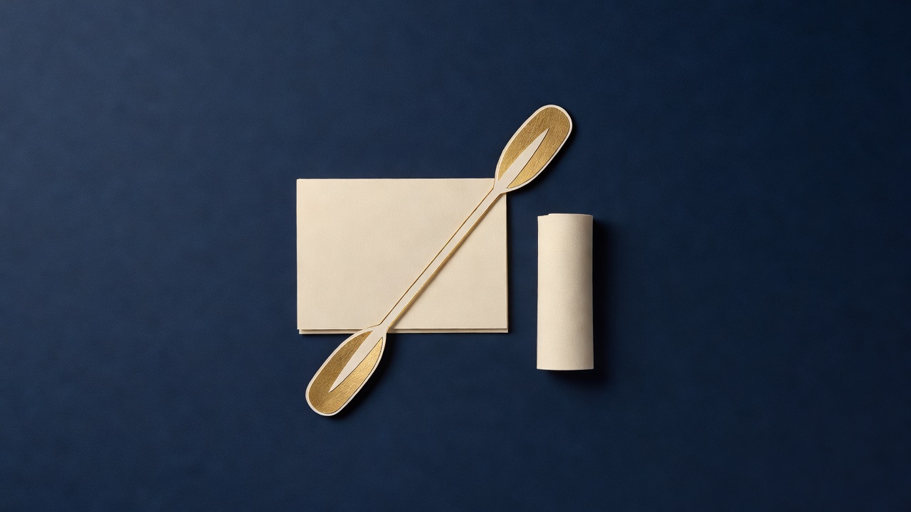 Paper-cut still life of a kayak paddle across a folded card beside a rolled paper tube on navy