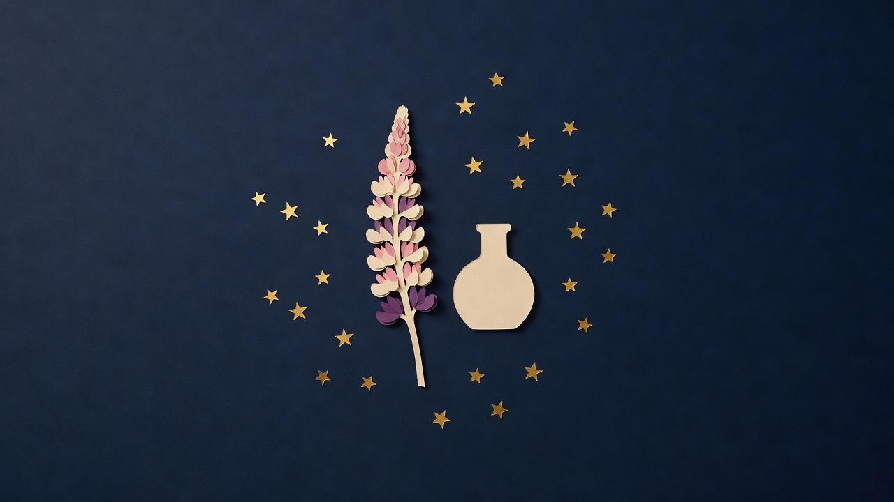 Paper-cut still life of a paper lupin spike, a small round paper flask and scattered gold paper stars on navy