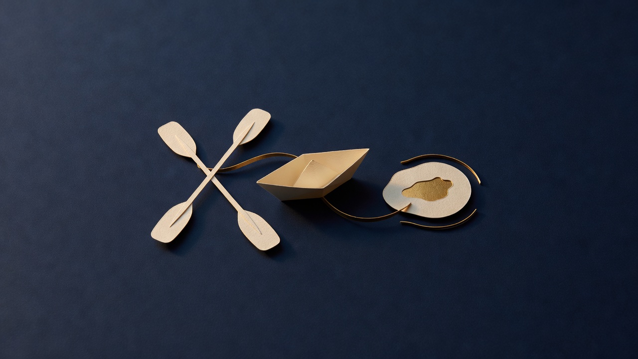 Paper-cut still life of two crossed kayak paddles, a folded paper boat and a rounded island shape with a gold pool, linked by a gold ribbon, on navy