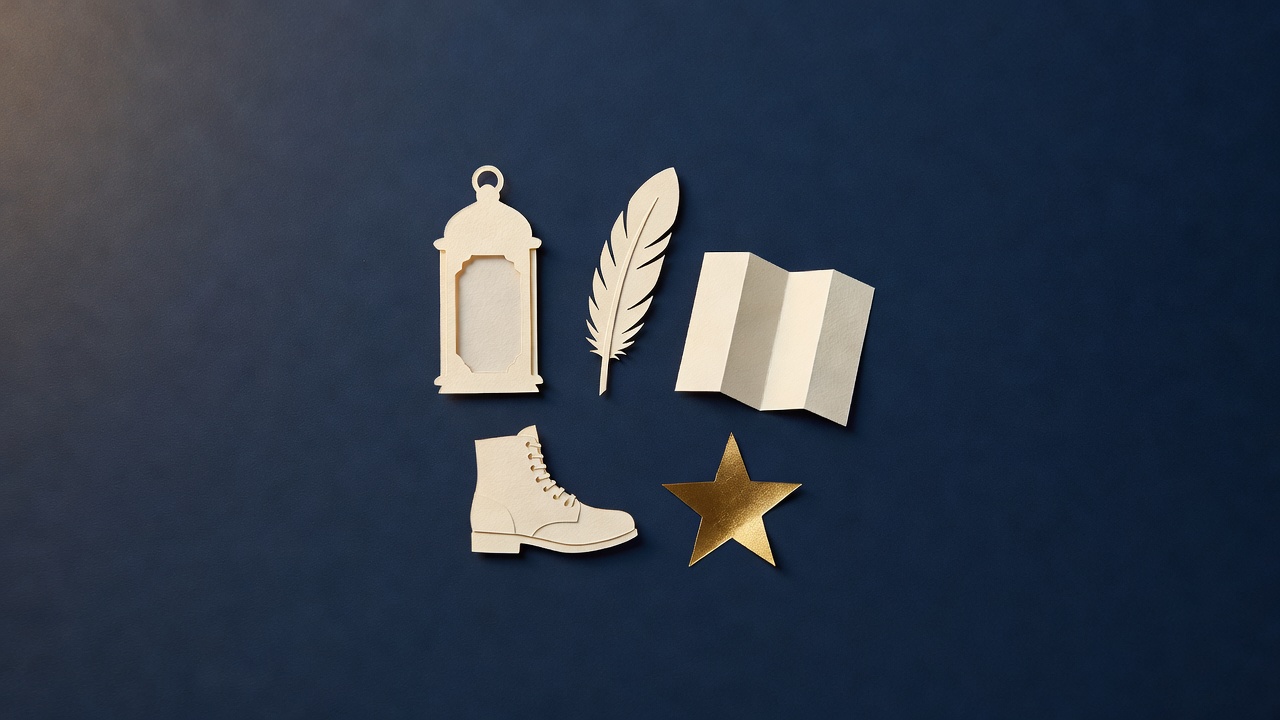 Paper-cut still life of a lantern, a feather, a folded blank map, a walking boot and a star on navy