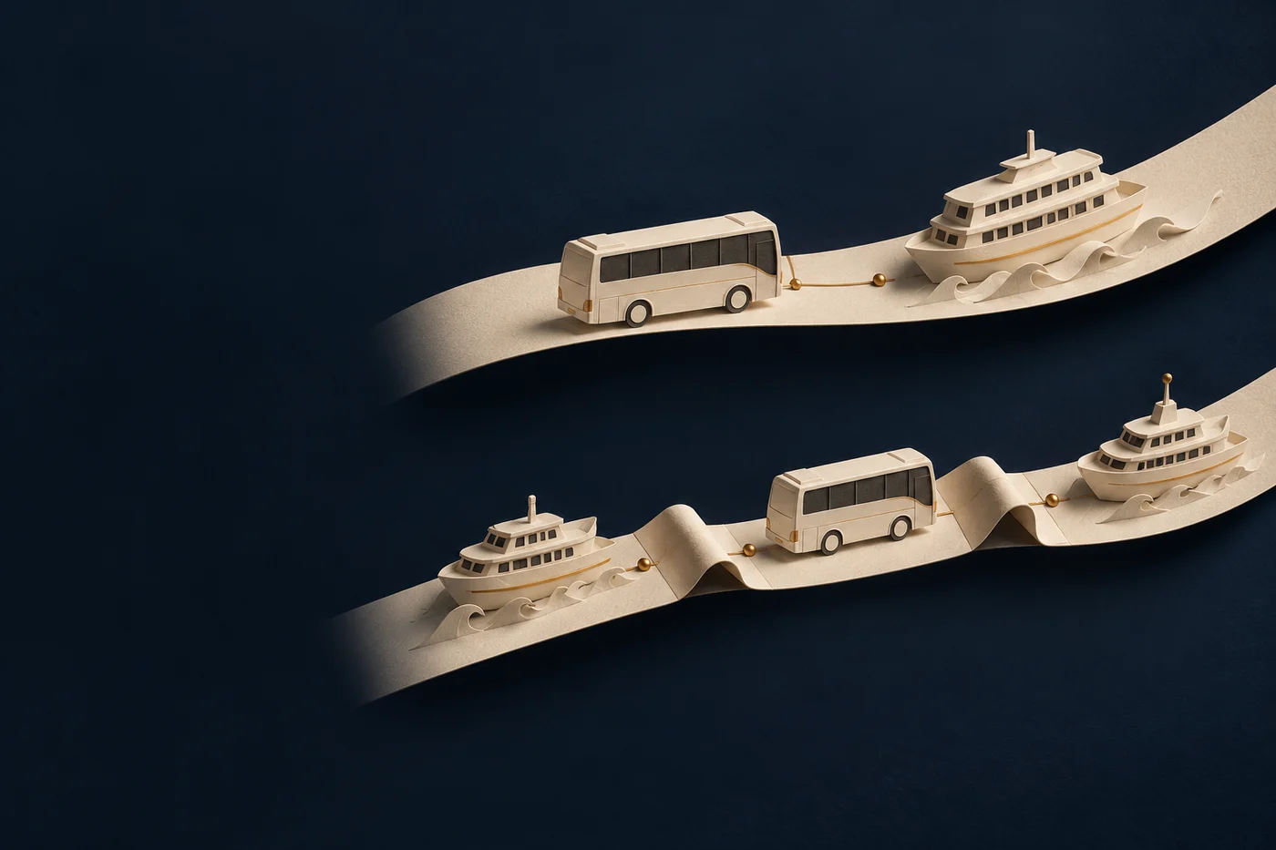 Paper-sculpture illustration of coaches and boats on two folded ribbons