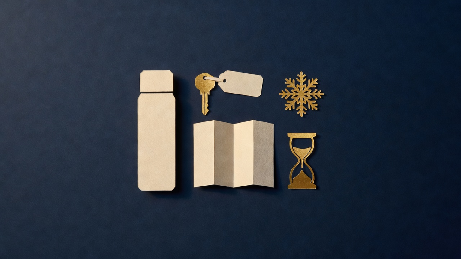 Paper-cut still life of a flask, a key on a blank tag, a folded blank map, a snowflake and an hourglass on navy