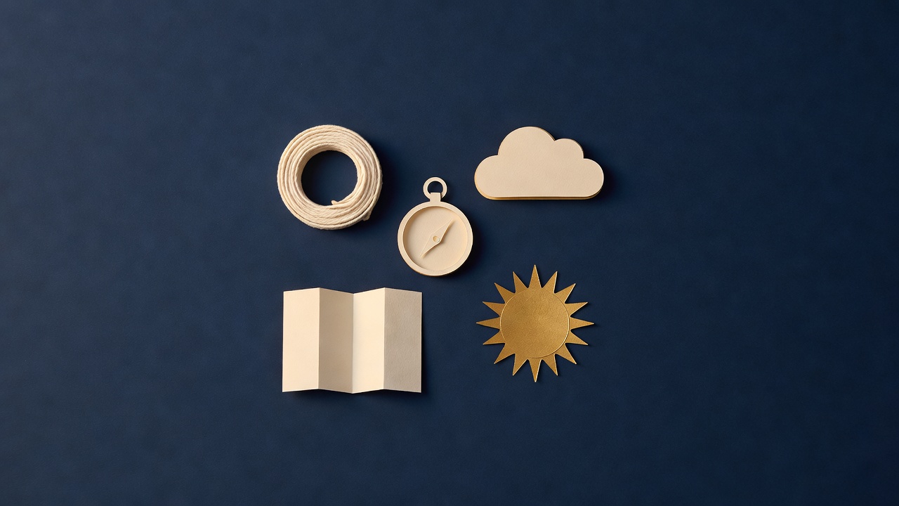 Paper-cut still life of a coil of rope, a compass, a cloud, a folded blank map and a sun on navy