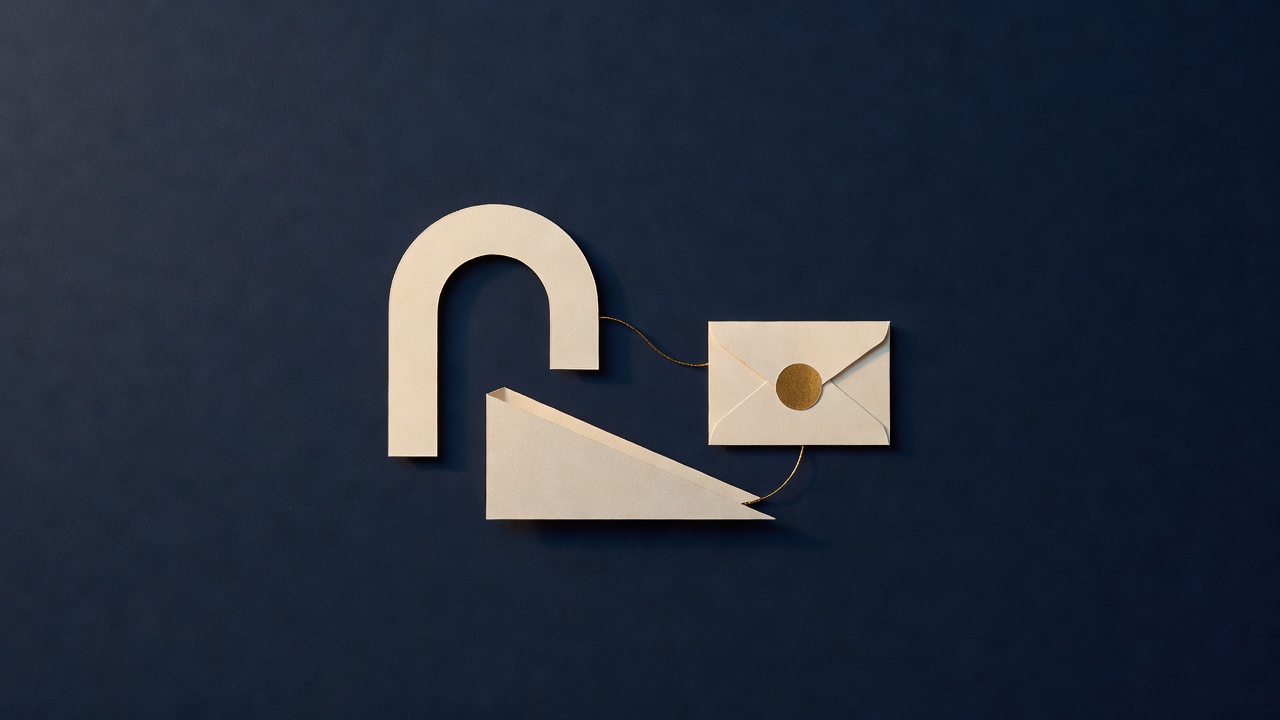 Paper-cut still life of a cream paper arch, a wedge-shaped ramp and a sealed envelope joined by a gold thread, on navy