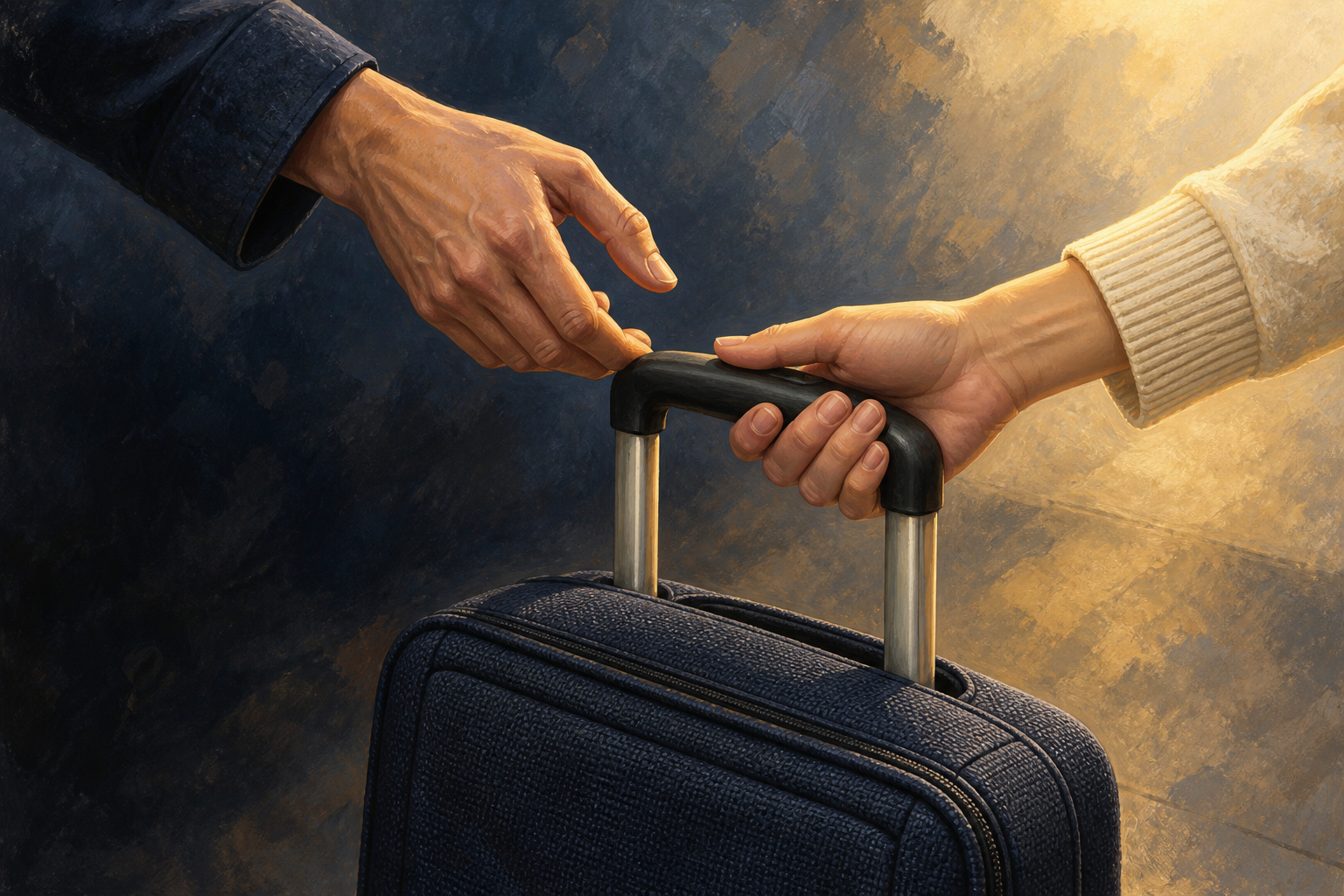 Illustration of two anonymous hands exchanging a plain suitcase handle in a neutral indoor setting