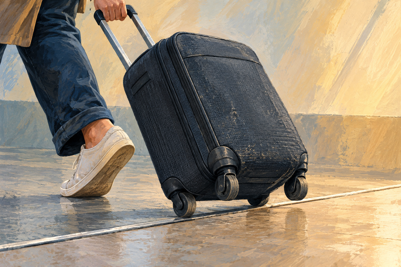 Illustration of an anonymous traveller pulling a plain carry on suitcase indoors