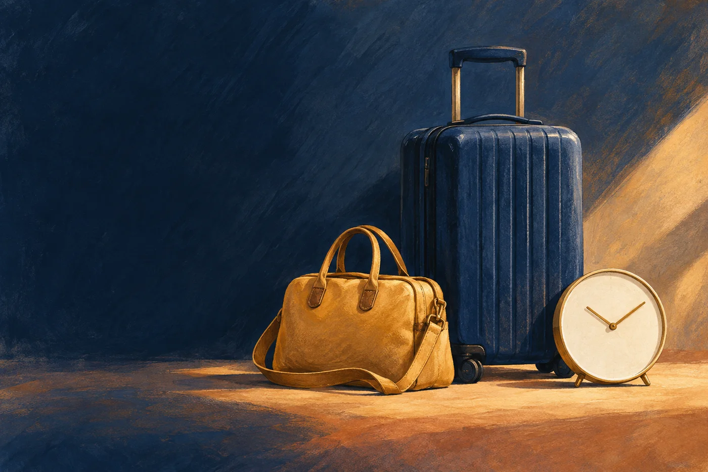 Painted illustration of a suitcase, smaller day bag and symbolic clock