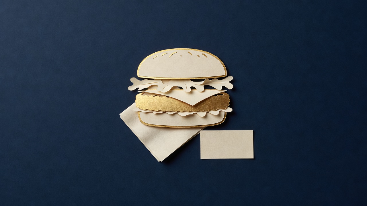 Paper-cut still life of a layered burger, a folded napkin and a blank paper ticket on navy