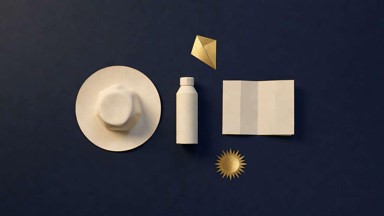 Paper-cut still life of a sun hat, a bottle, a folded blank map, a kite shape and a sun on navy