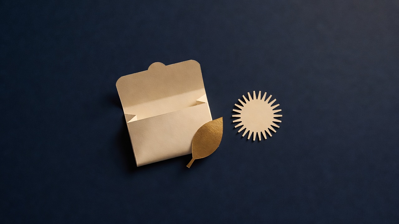 Paper-cut still life of an open empty paper envelope, a gold paper leaf and a small paper sun on navy