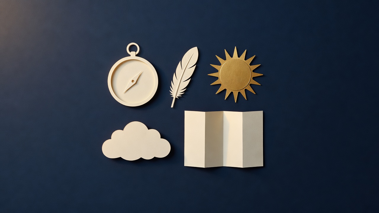 Paper-cut still life of a compass, a feather, a cloud, a folded blank map and a sun on navy
