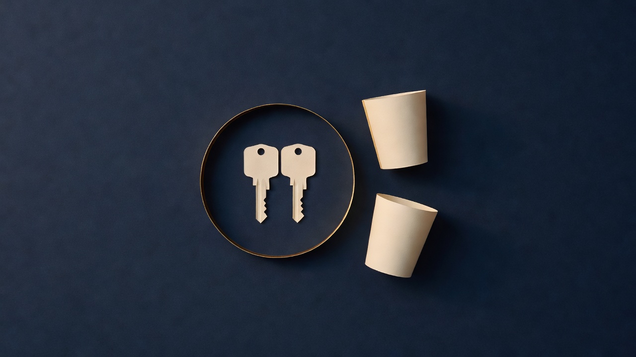 Paper-cut still life of two plain keys inside a thin gold ring beside two paper cups on navy