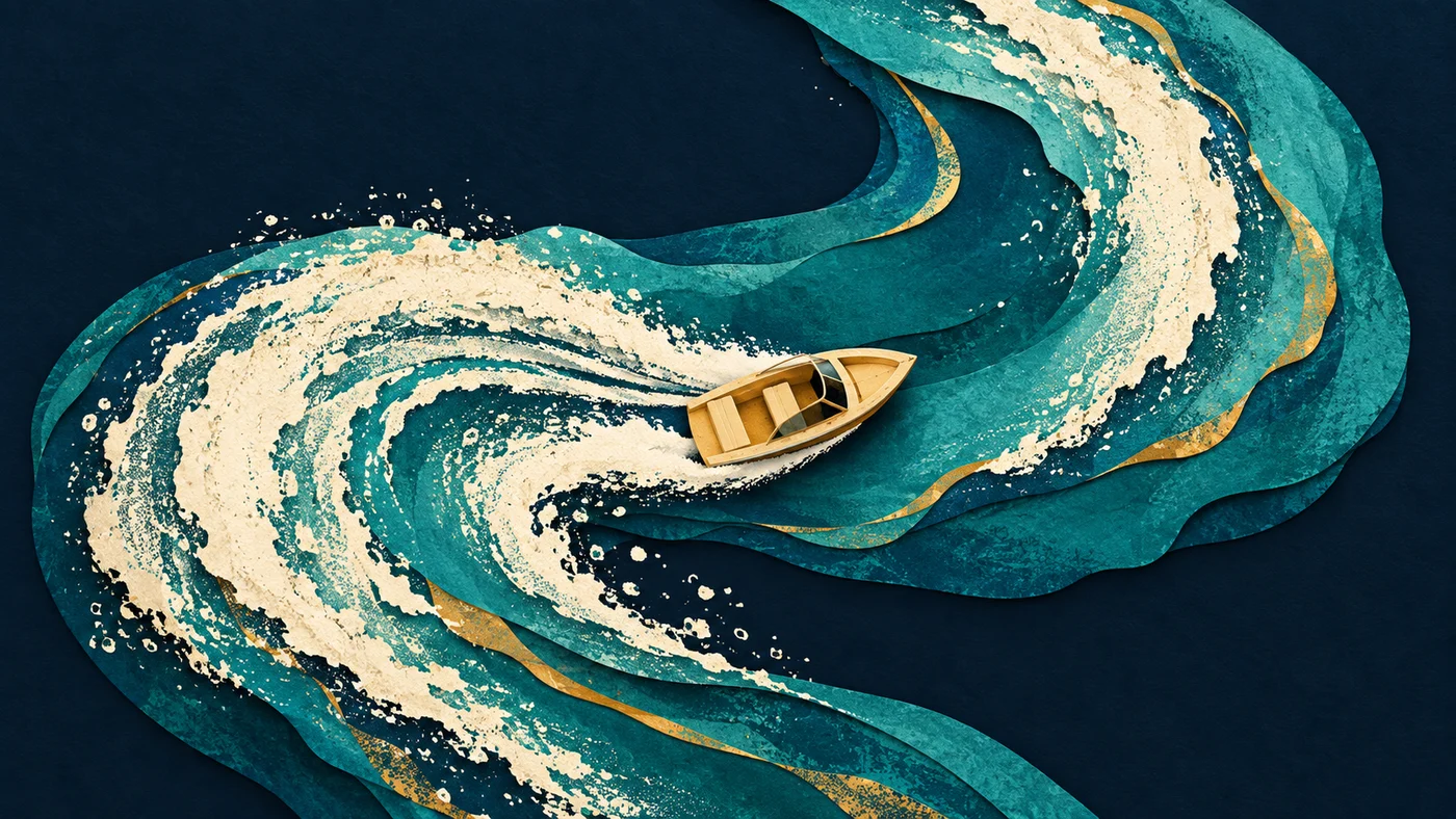 Conceptual cut-paper illustration of a small unbranded craft crossing a turquoise ribbon and curling white wake