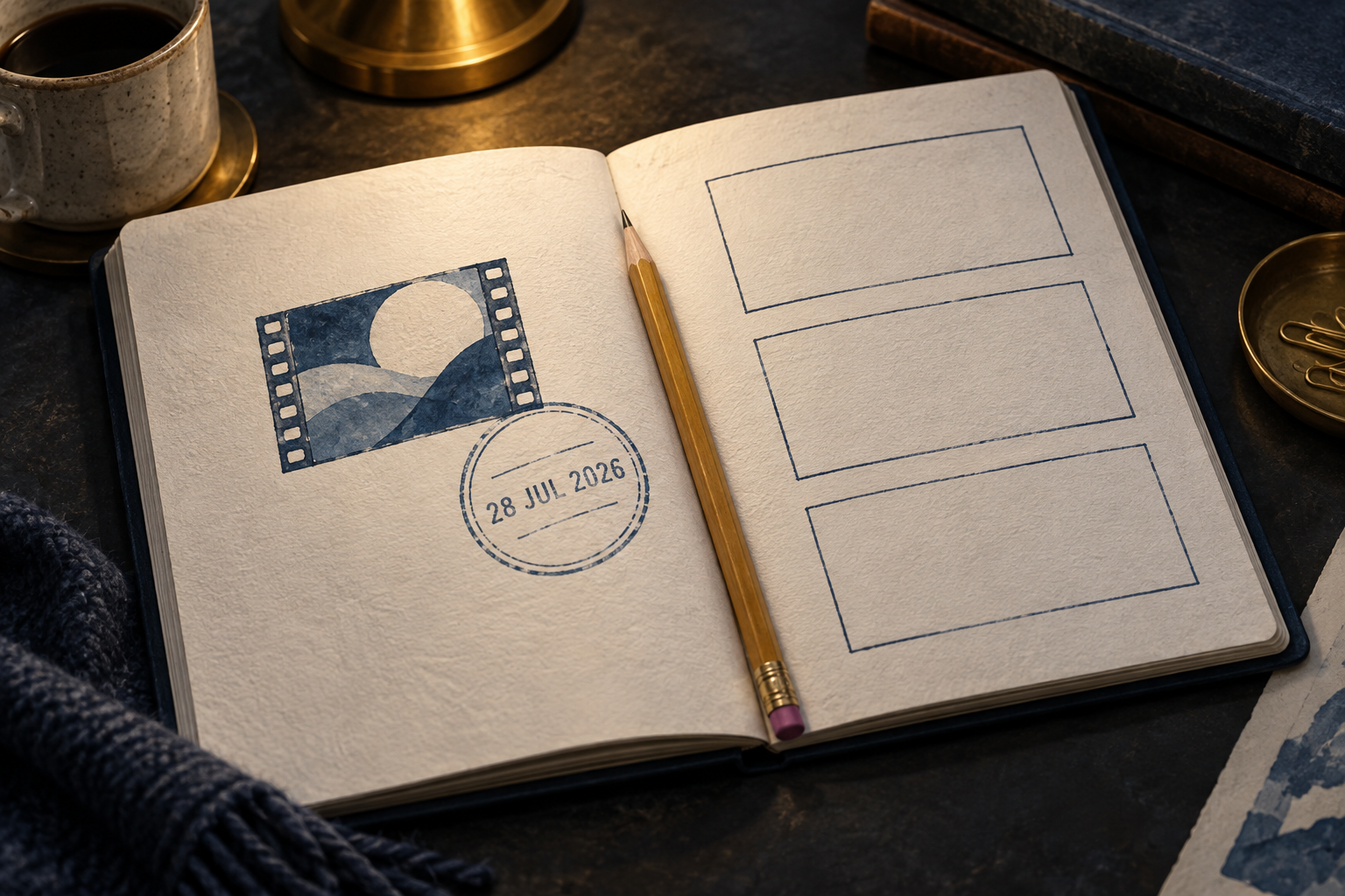Illustration of a research notebook with an announcement date, a generic film motif and blank question boxes
