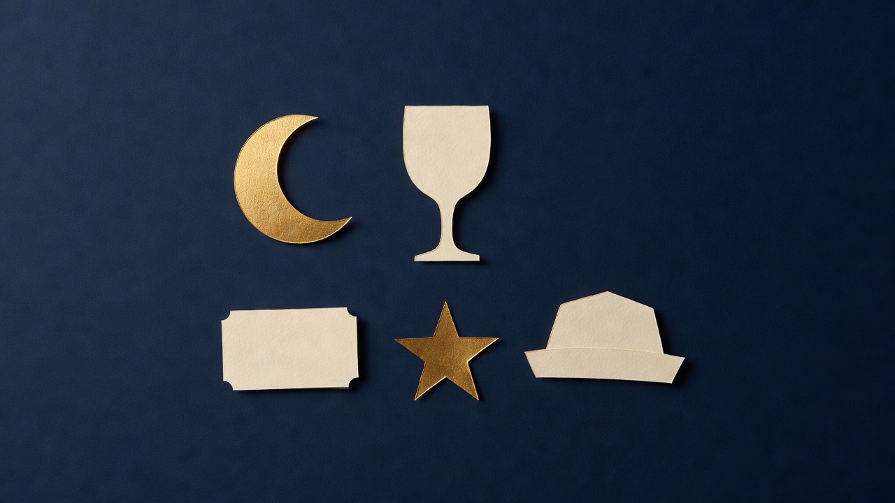 Paper-cut still life of a moon, a plain glass shape, a folded blank ticket, a star and a hat on navy