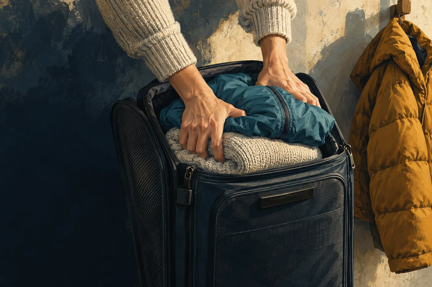 Illustration of two anonymous hands compressing generic clothing layers into a plain carry-on bag