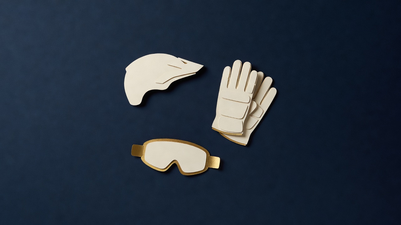 Paper-cut still life of a plain riding helmet, padded riding gloves and goggles on navy
