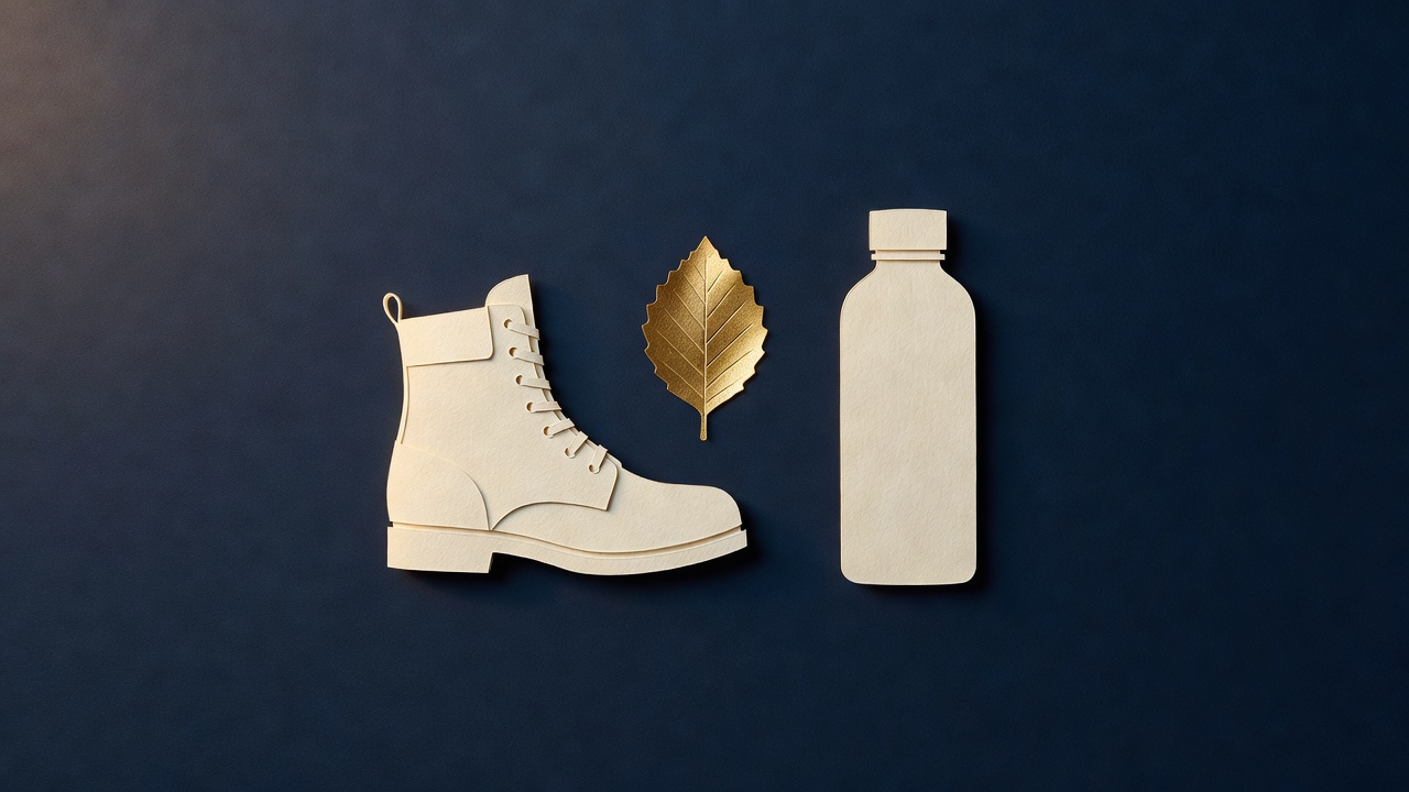 Paper-cut still life of a tramping boot, a small gold beech leaf and a plain water bottle on navy