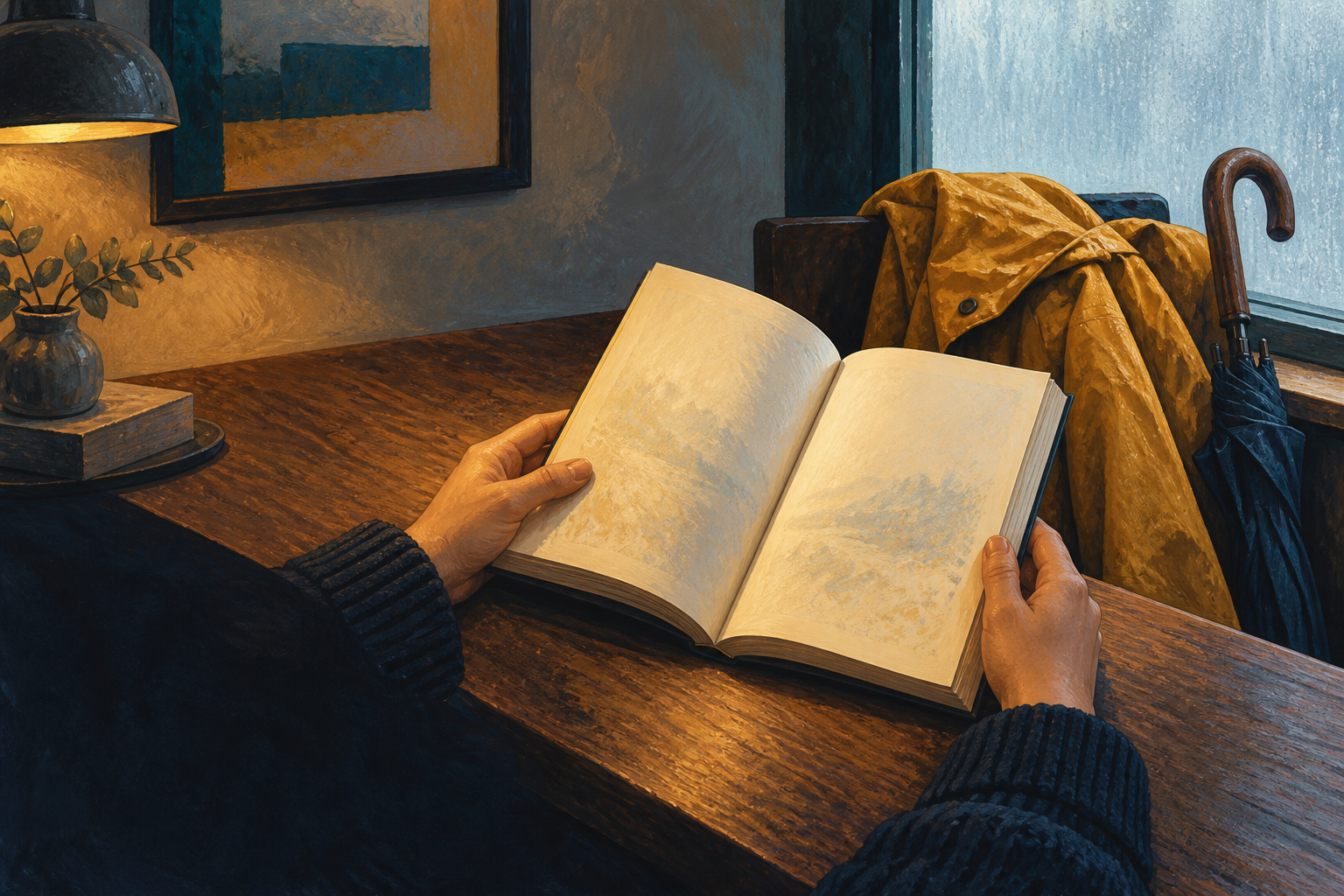 Conceptual sheltered reading scene with cropped hands, damp outerwear, umbrella and a plain window