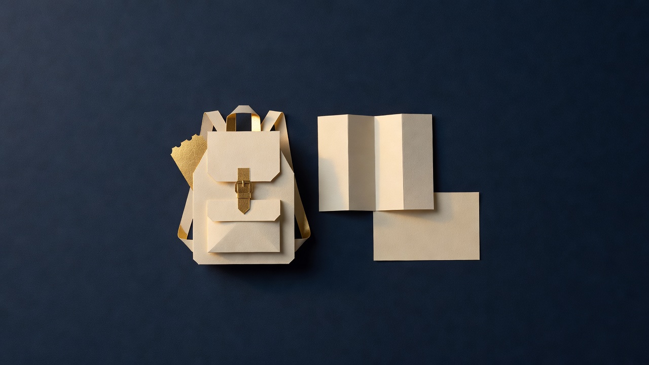 Paper-cut still life of a small backpack, a blank travel card, a folded map and a ticket stub on navy