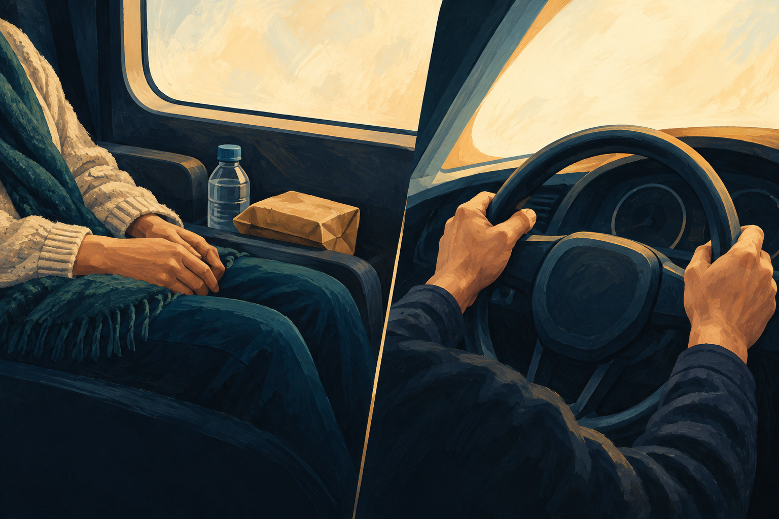 Conceptual split illustration of passenger rest beside a generic vehicle window and hands at a plain steering wheel
