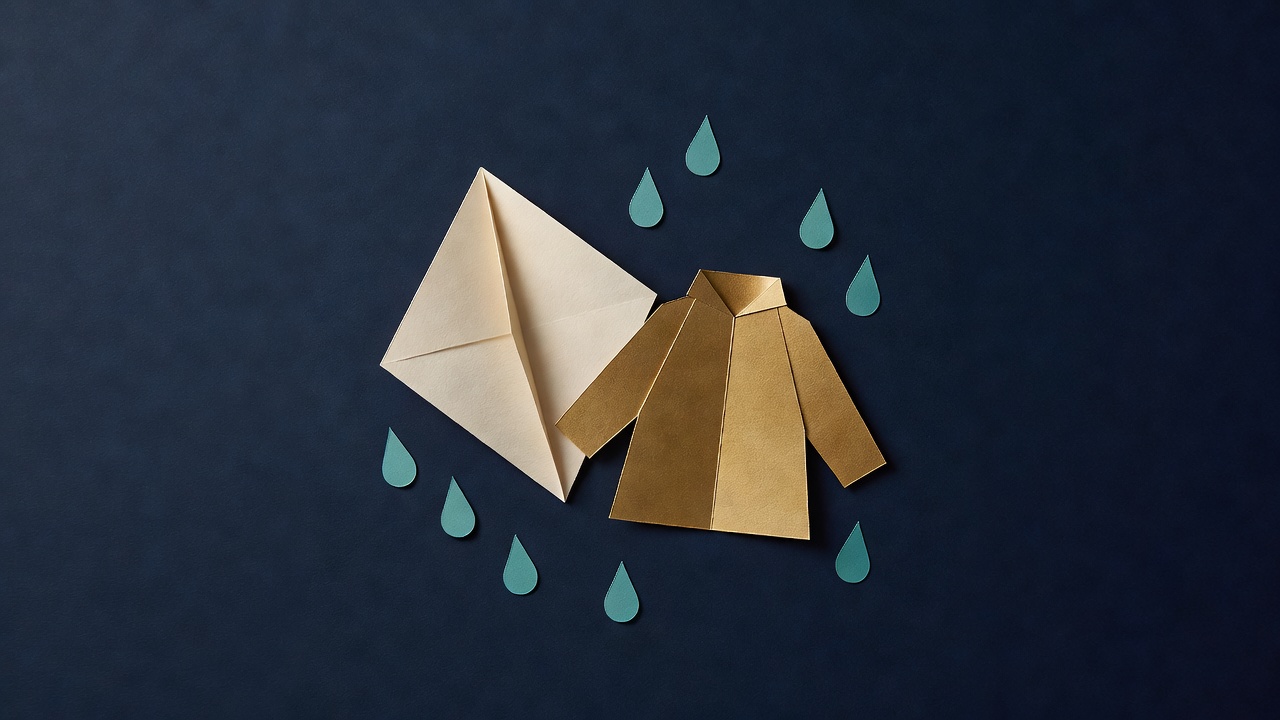 Paper-cut still life of a folded cream paper square, a small gold rain jacket and teal raindrops on navy
