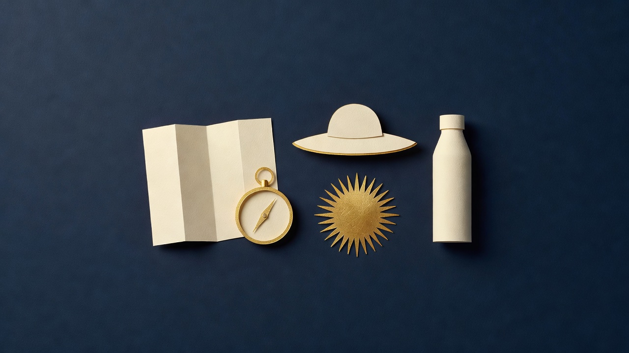 Paper-cut still life of a folded blank map, a compass, a sun hat, a bottle and a sun on navy