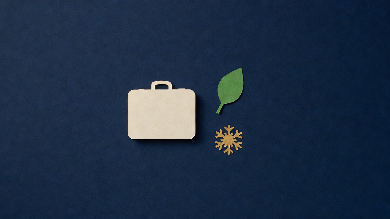 Paper-cut still life of a closed paper case with a handle, a green paper leaf and a gold paper snowflake on navy