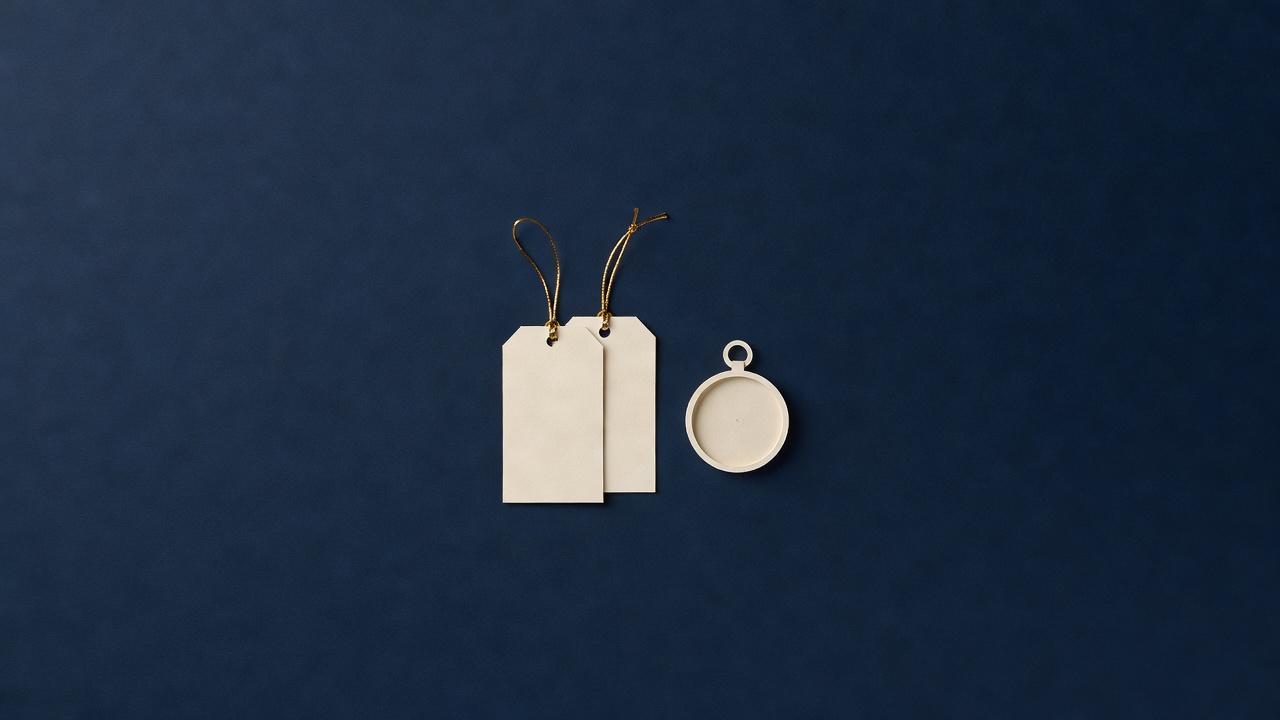 Paper-cut still life of two blank luggage tags on gold string and a small round blank case on navy