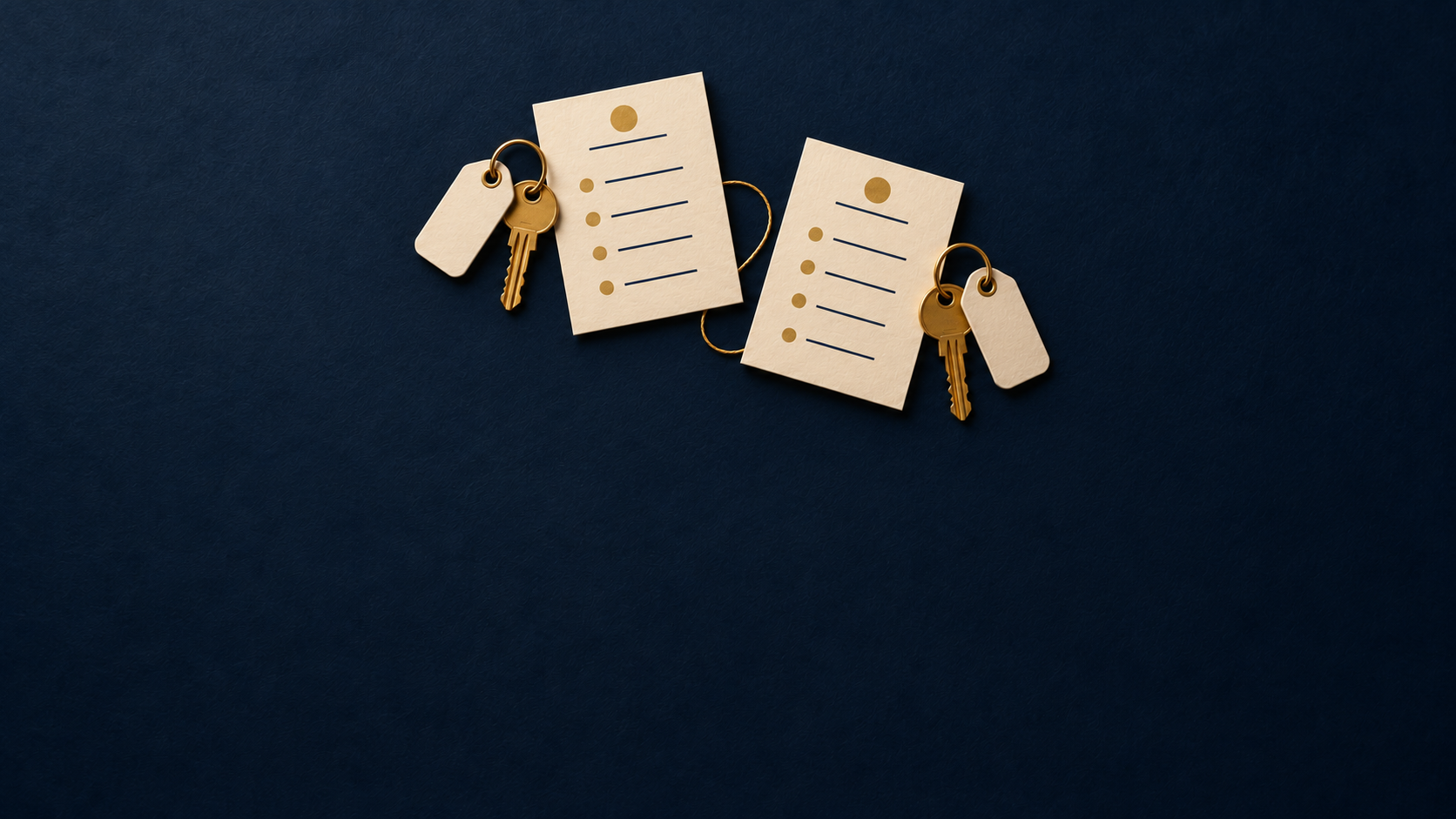 Conceptual illustration of two itinerary cards and room-key tags linked by a gold thread, representing the choice of one accommodation base or two.
