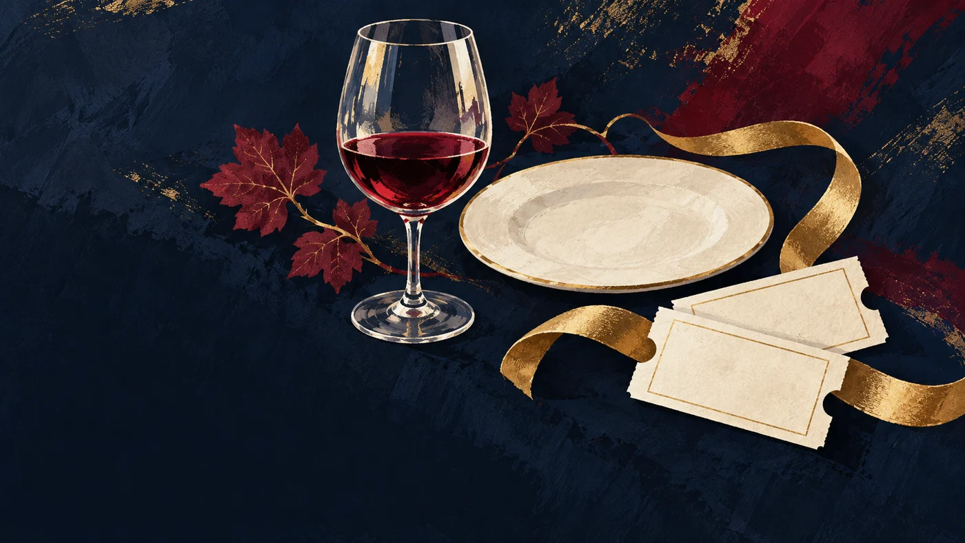 Painterly illustration of a wine glass, empty plate and blank tickets linked by a gold ribbon
