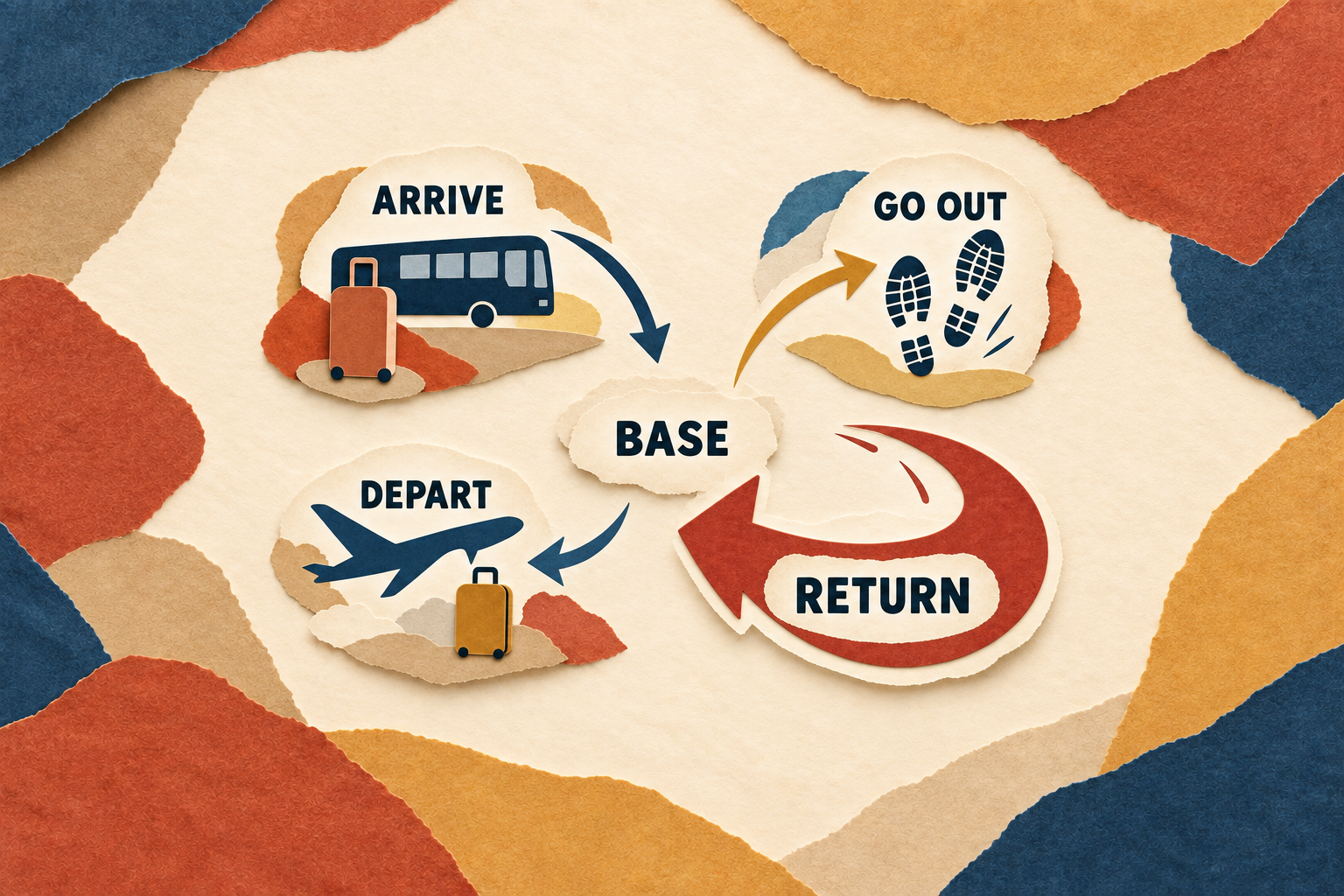 Conceptual illustration of arrival, outward travel, return to a base and departure, with luggage, bus, footprints and aircraft symbols