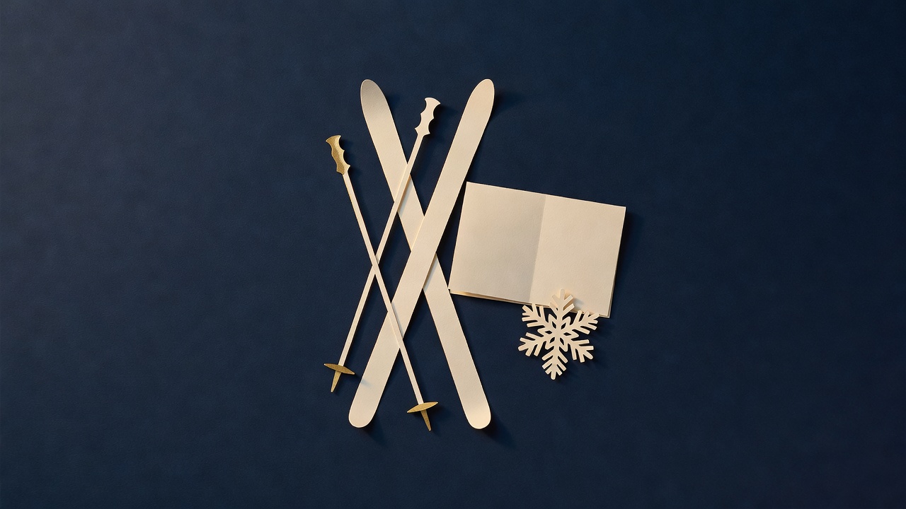 Paper-cut still life of crossed skis, two ski poles, a folded blank card and a snowflake on navy