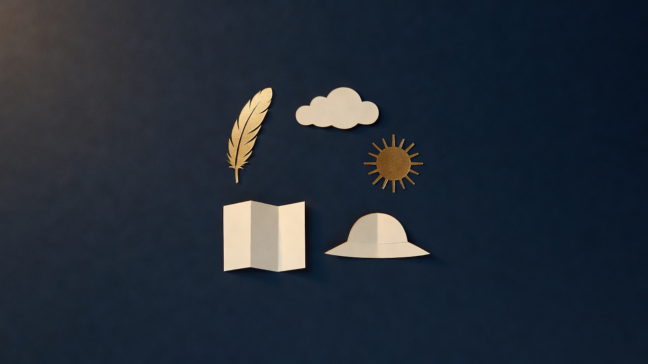Paper-cut still life of a feather, a cloud, a sun, a folded blank map and a hat on navy