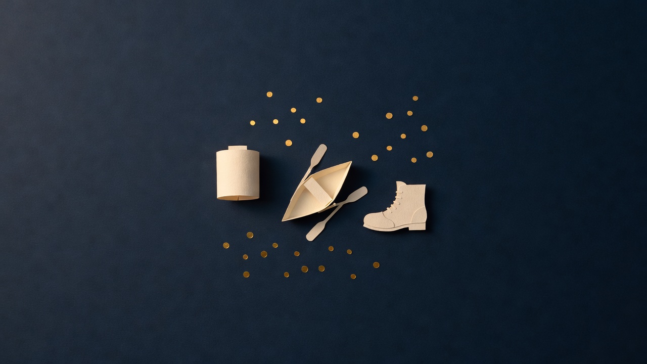 Paper-cut still life of a plain paper cylinder, a small rowing boat with two oars and a walking boot amid a scatter of small gold dots, on navy
