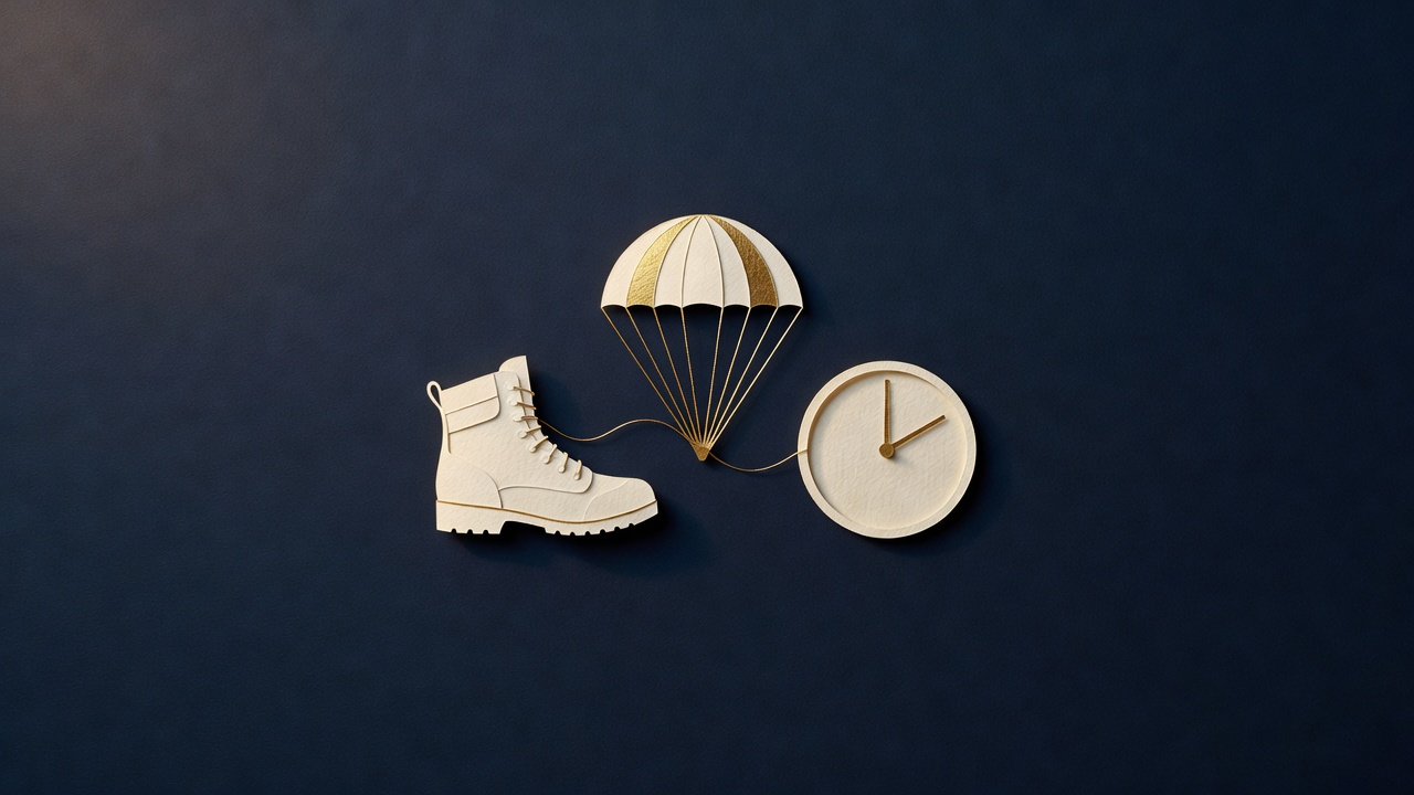 Paper-cut still life of a hiking boot, a small parachute canopy and a plain clock face joined by a gold thread, on navy